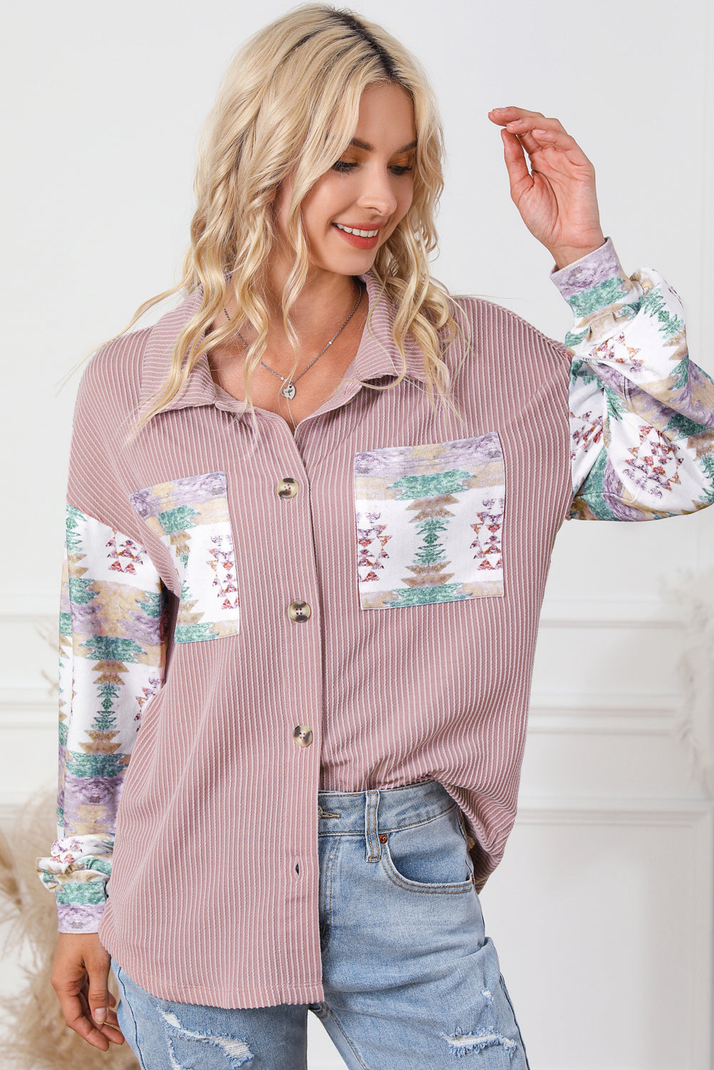Aureen | Giacca camicia in velluto a coste rosa Boho