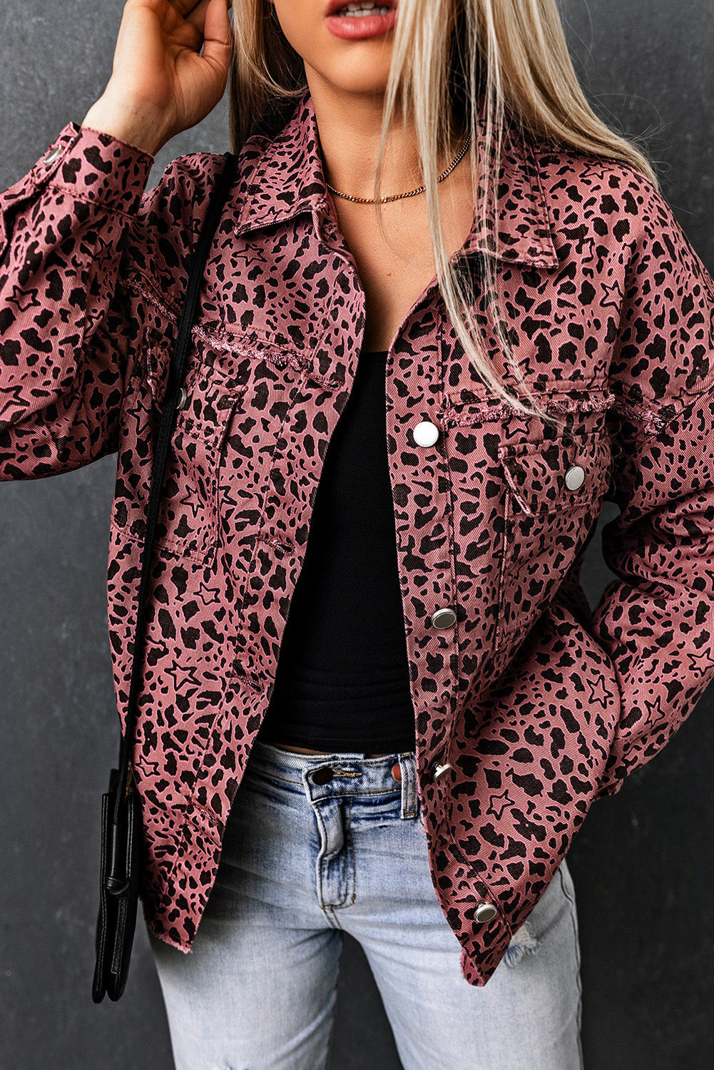 Maeve | Giacca camicia in denim rosa con stampa leopardo Chic
