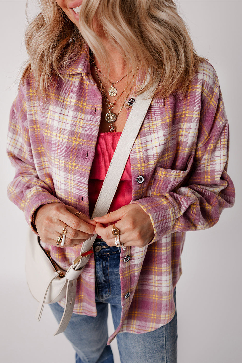 Jovelyn | Giacca camicia a quadri rosa casual chic