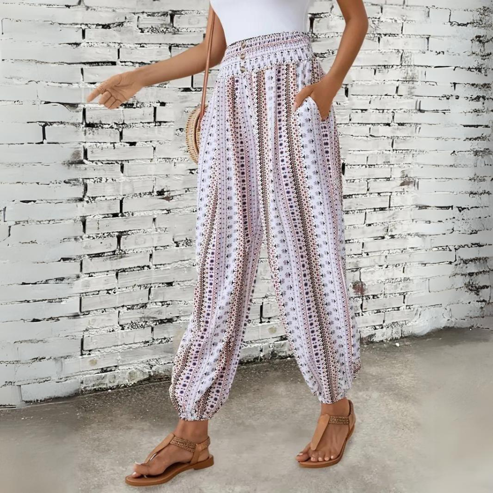 Ellie - Pantaloni vintage bohemien da donna con elastico in vita