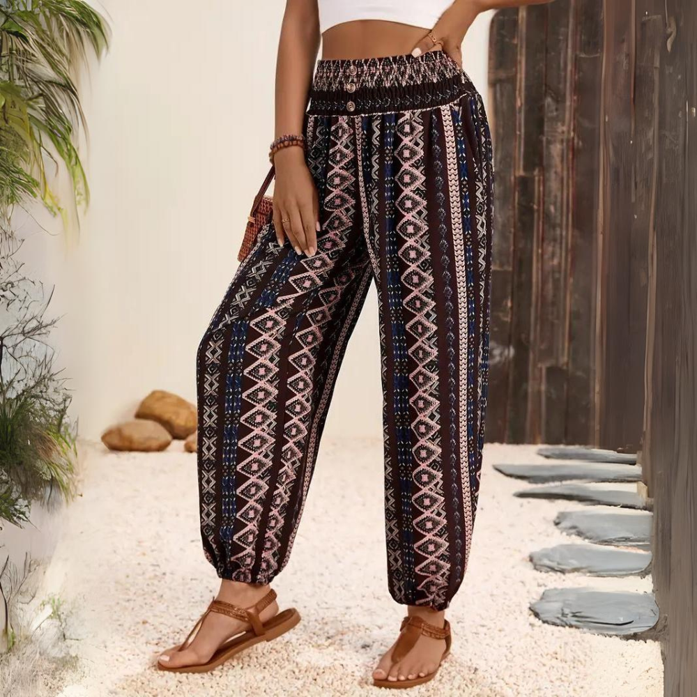 Ellie - Pantaloni vintage bohemien da donna con elastico in vita