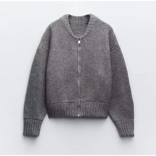 Nina - Cappotto donna elegante grigio in maglia a collo tondo