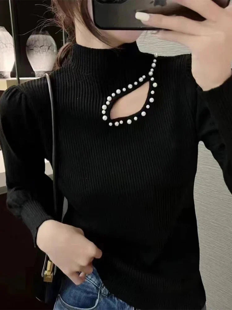 Seraphina - Maglia sottile a collo alto con perle