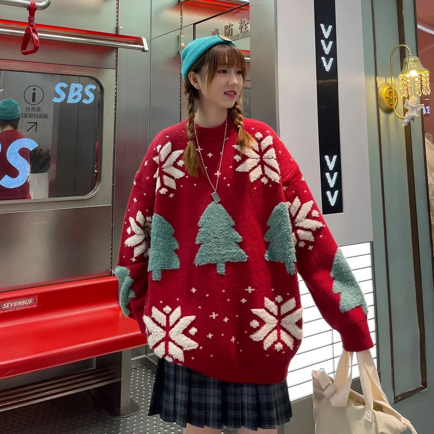 Marion - Maglia oversize con scollo rotondo e stampa natalizia per uomo e donna