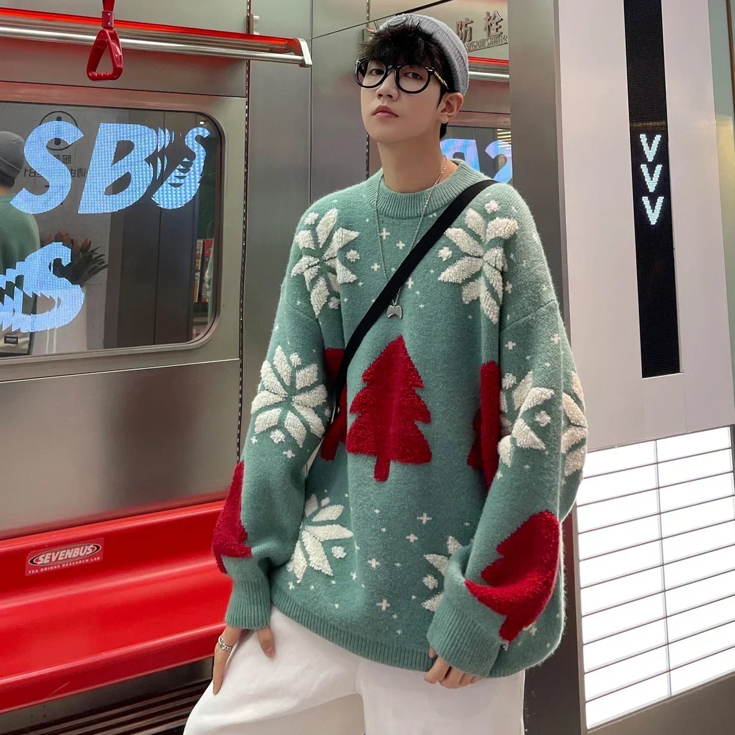 Marion - Maglia oversize con scollo rotondo e stampa natalizia per uomo e donna
