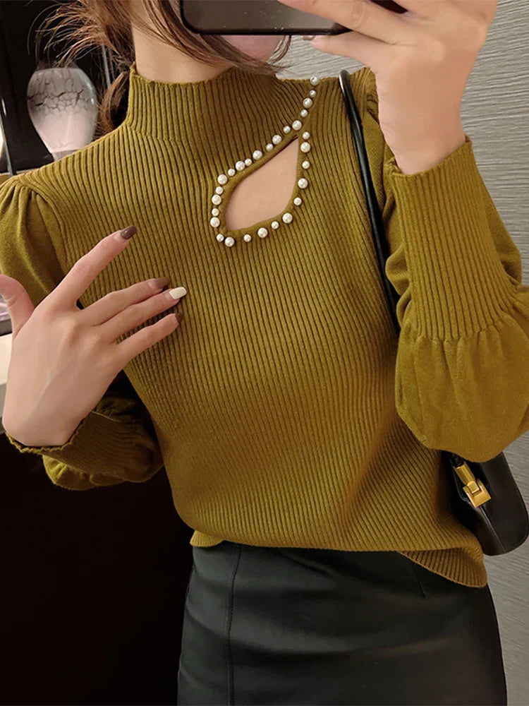 Seraphina - Maglia sottile a collo alto con perle