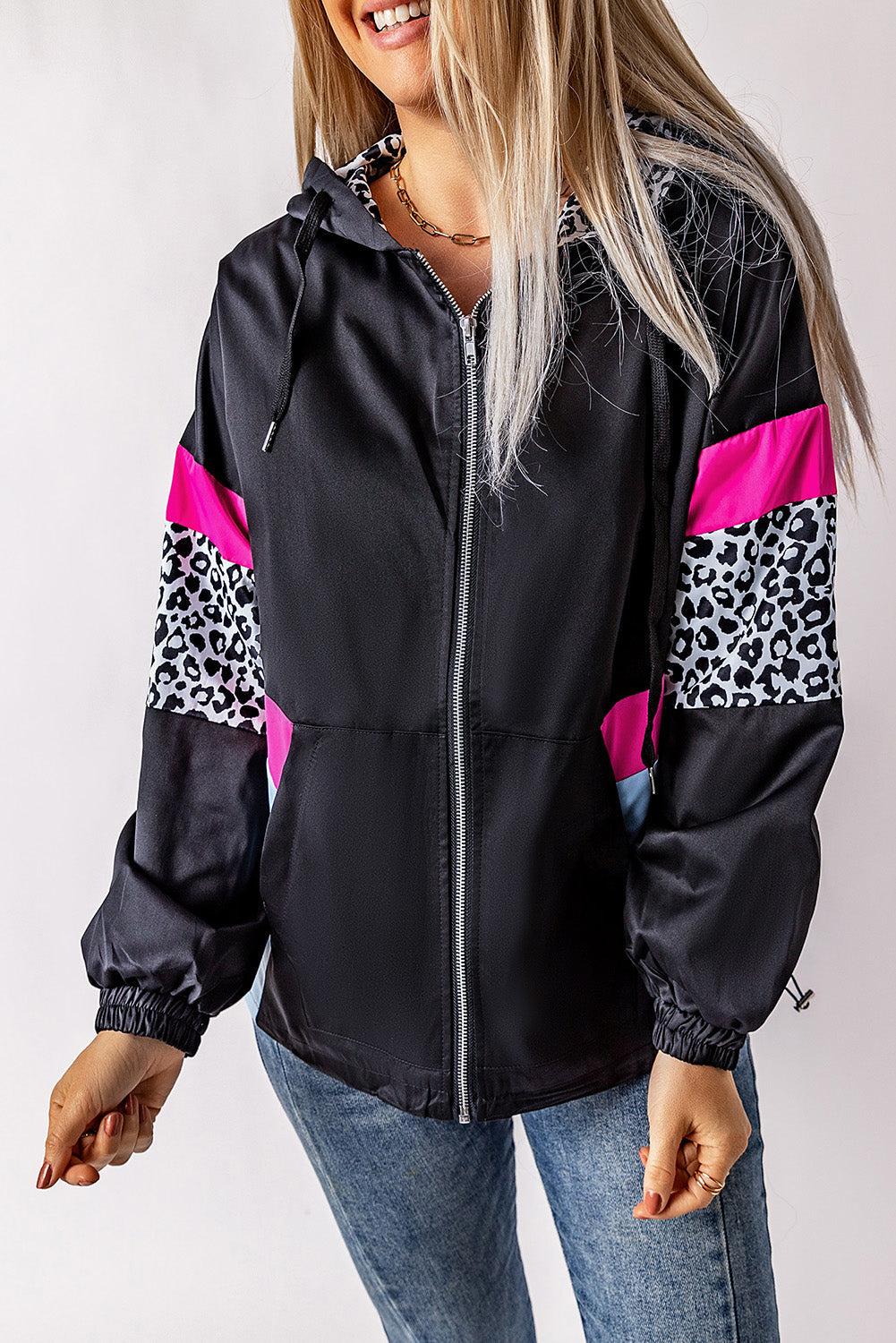Jantine | Giacca con cappuccio leopardata rosa e nera