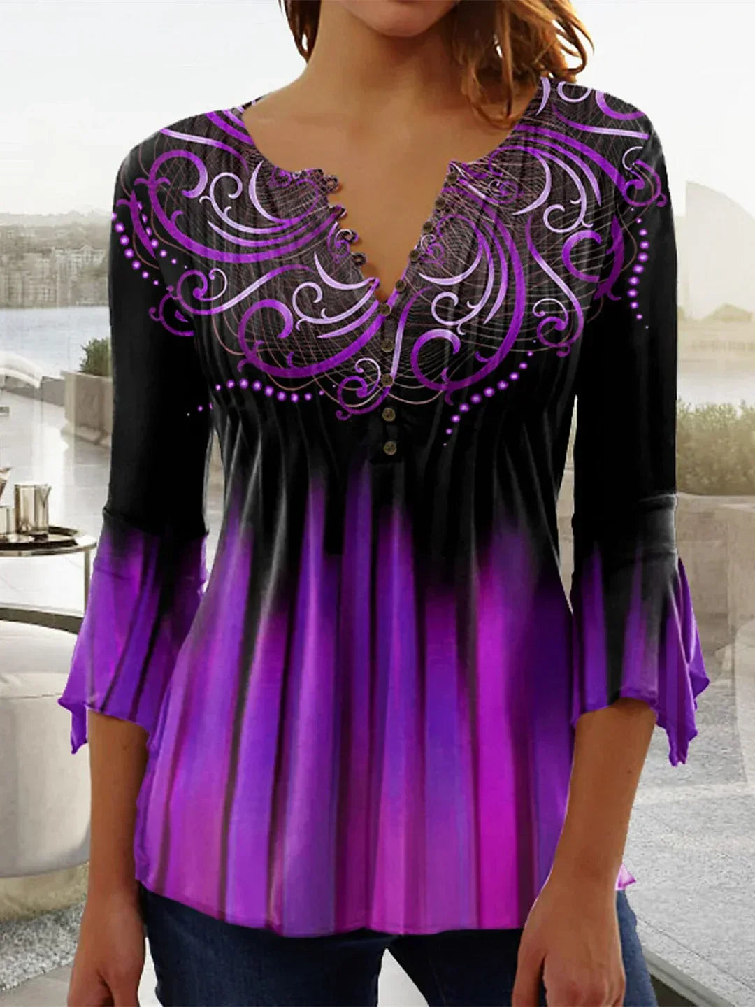 Jessica - Top da donna a maniche lunghe con stampa grafica floreale