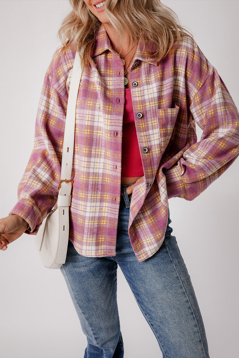 Jovelyn | Giacca camicia a quadri rosa casual chic
