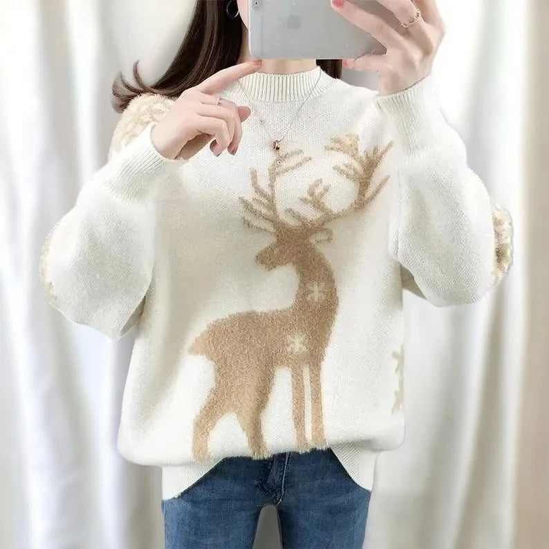 Isabell - Maglia calda con scollo rotondo e stampa di cervi e fiocchi di neve per donna
