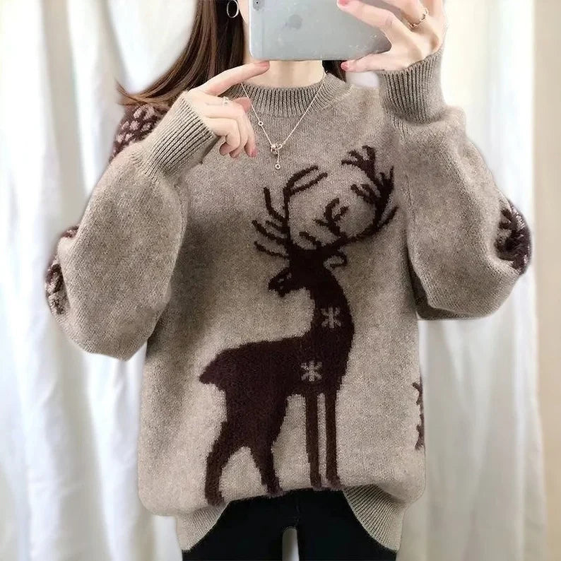 Isabell - Maglia calda con scollo rotondo e stampa di cervi e fiocchi di neve per donna