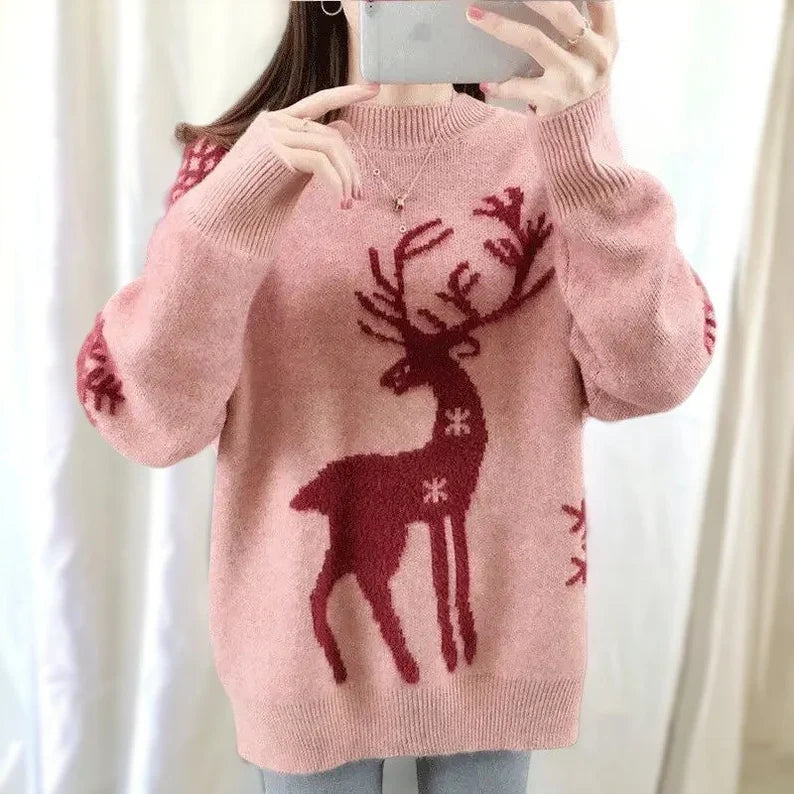 Isabell - Maglia calda con scollo rotondo e stampa di cervi e fiocchi di neve per donna