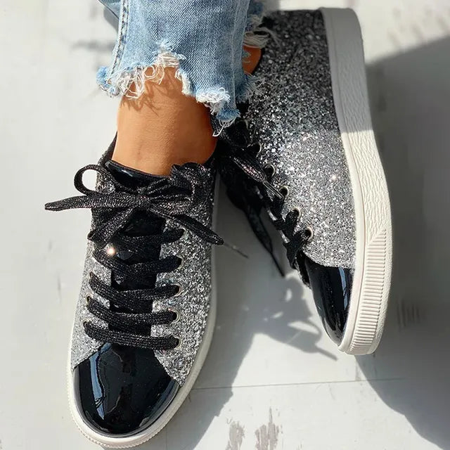 Scarpe da ginnastica casual da donna, traspiranti, con lacci e brillantini