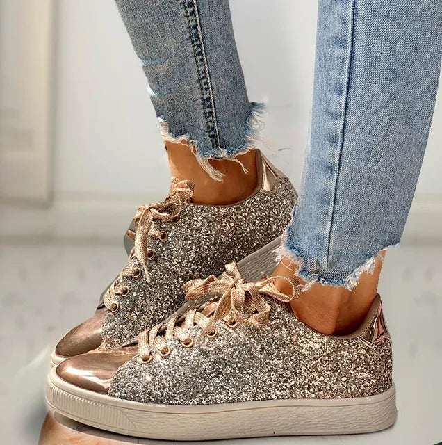 Scarpe da ginnastica casual da donna, traspiranti, con lacci e brillantini