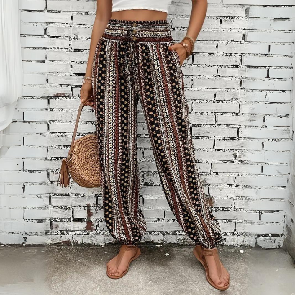 Ellie - Pantaloni vintage bohemien da donna con elastico in vita