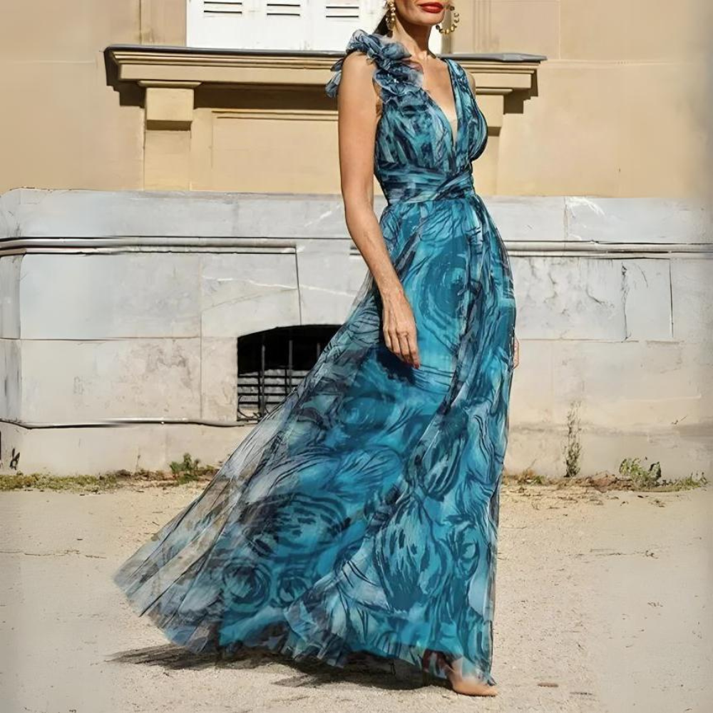 Gabriella - Abito lungo elegante blu pavone