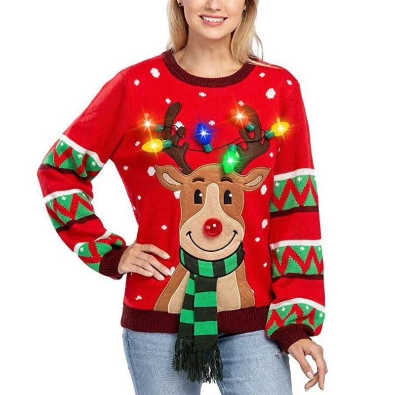 Maren - Maglia con caricatura di renne natalizie e luci LED per donna