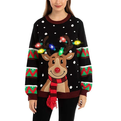 Maren - Maglia con caricatura di renne natalizie e luci LED per donna